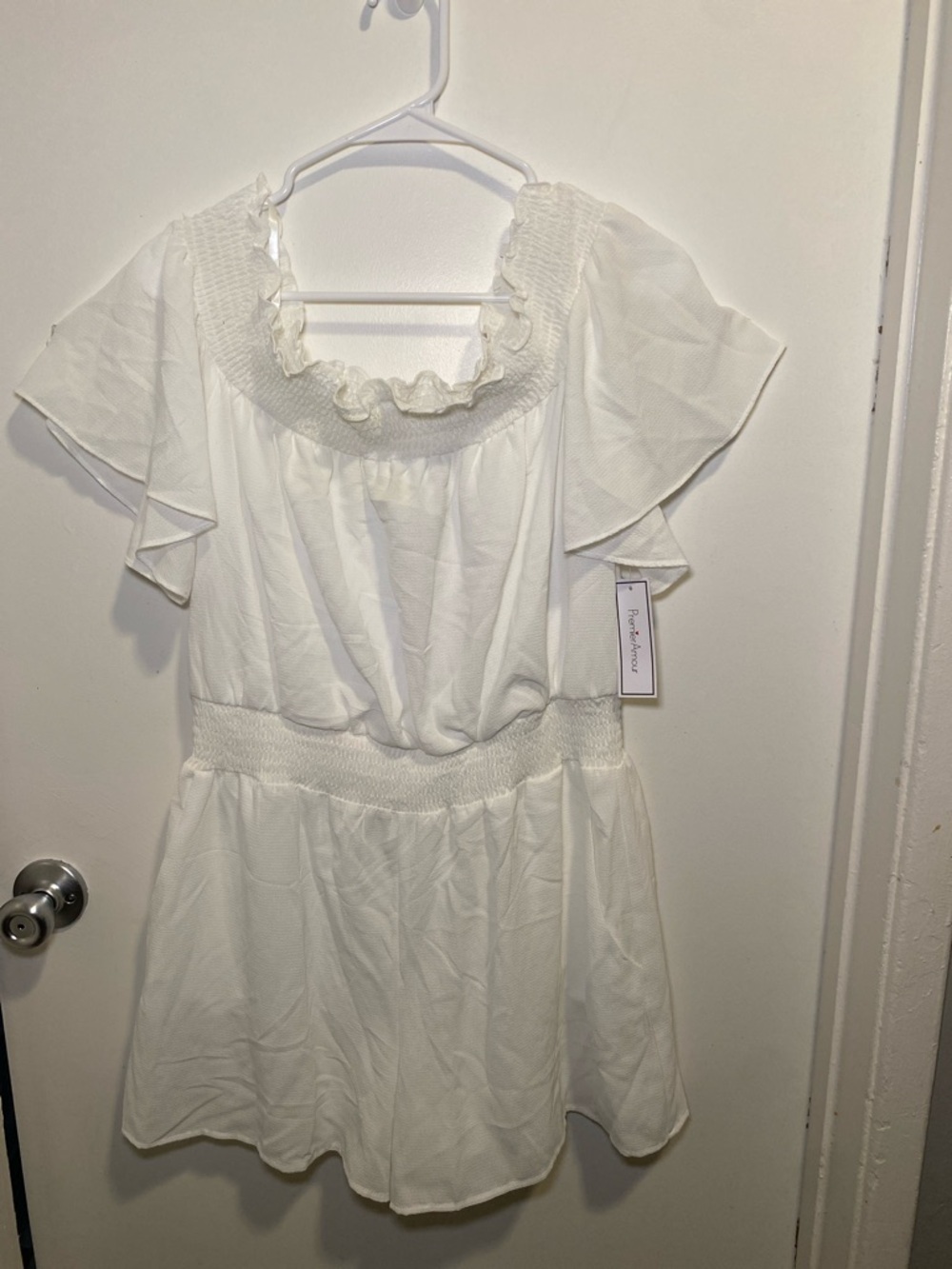 White Ruffle-Smock Mini Dress with Flutter Sleeves